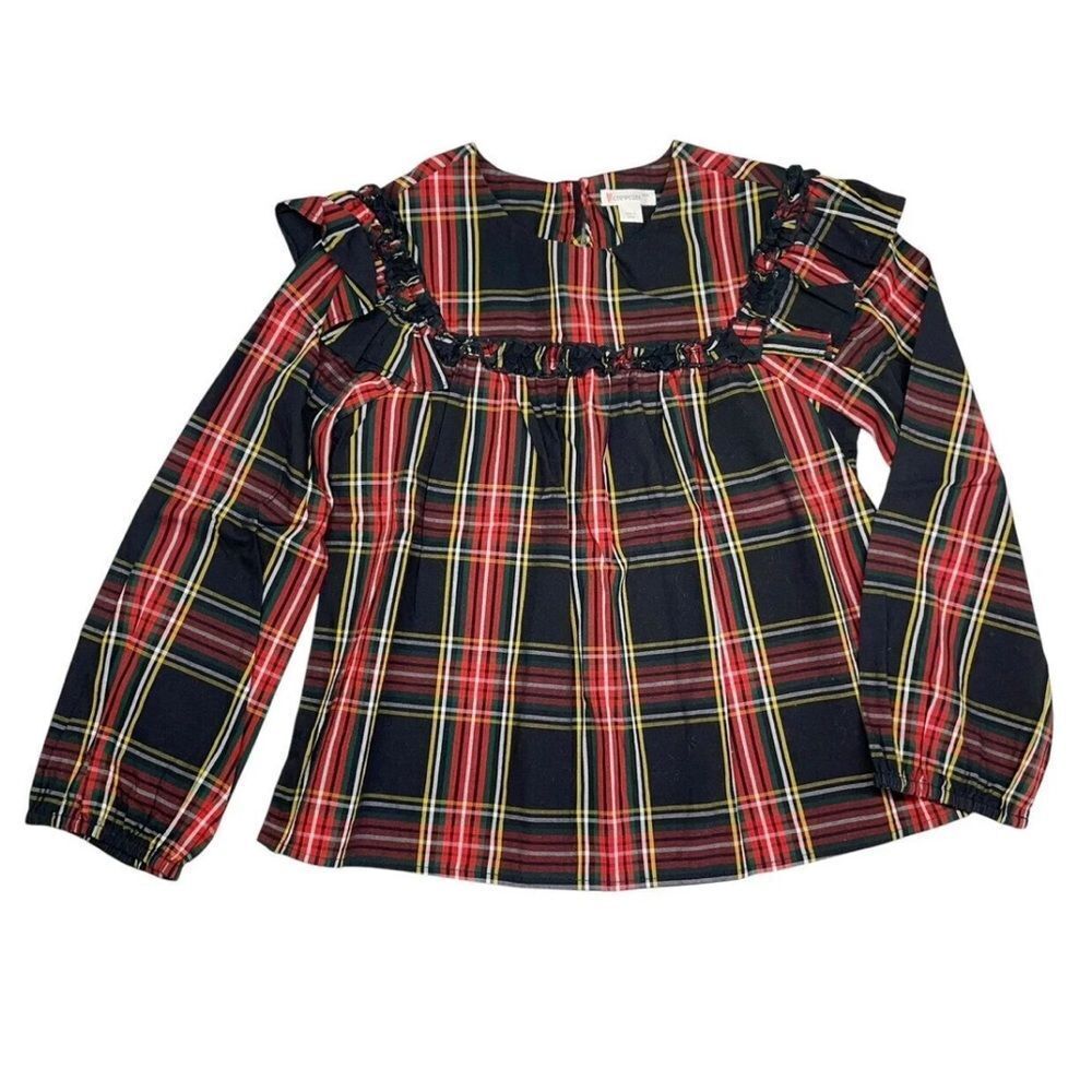 Crewcuts Black and red plaid puff long sleeve cotton peasant top size XS